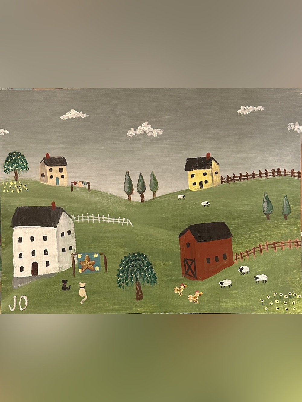 Hand-Painted Countryside Farm Paper Art in Green and Yellow